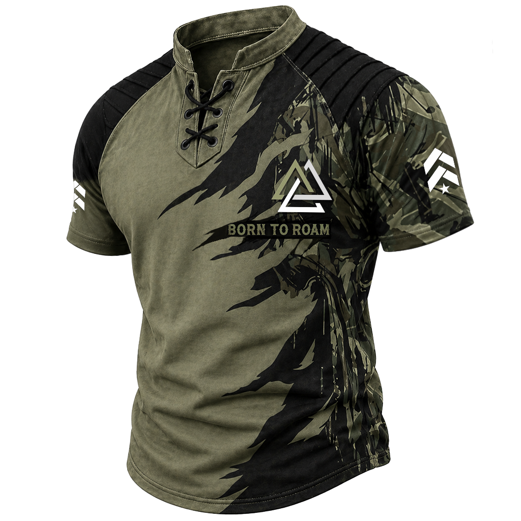 Norse Rune Olive Pleated Henley Shirt - NorseKin front view