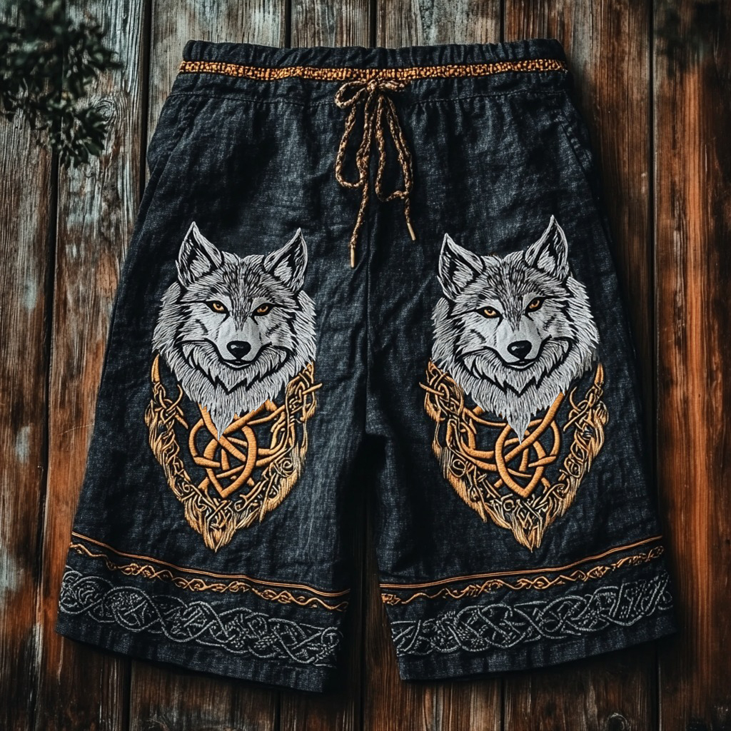 Wolf Rune Linen Sport Shorts - NorseKin detail view 2