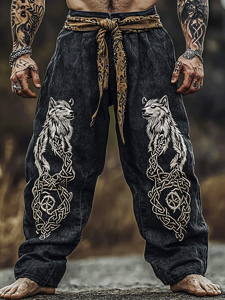 Fenrir Wolf Mythical Vintage Graphic Sweatpants - NorseKin front view
