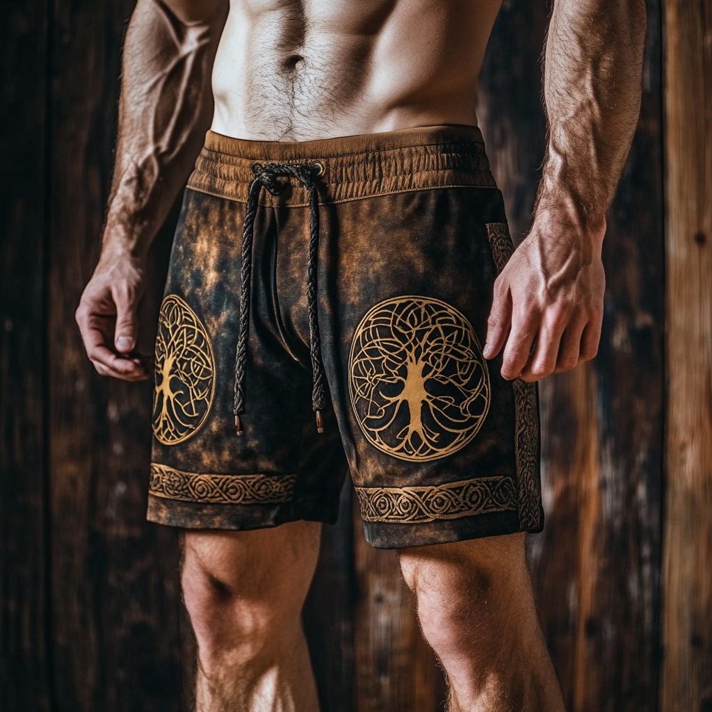 Tree of Life Nordic Linen Drawstring Shorts - NorseKin front view