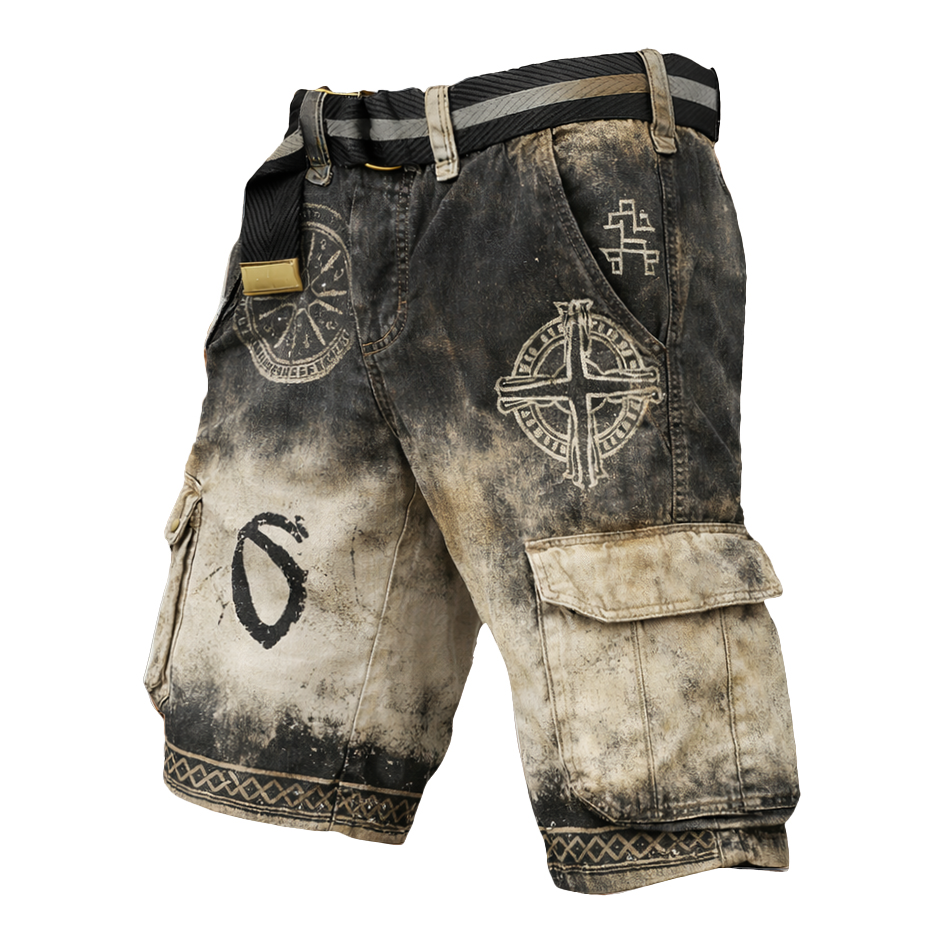 Norse Rune Washed Black Cargo Shorts - NorseKin detail view 2