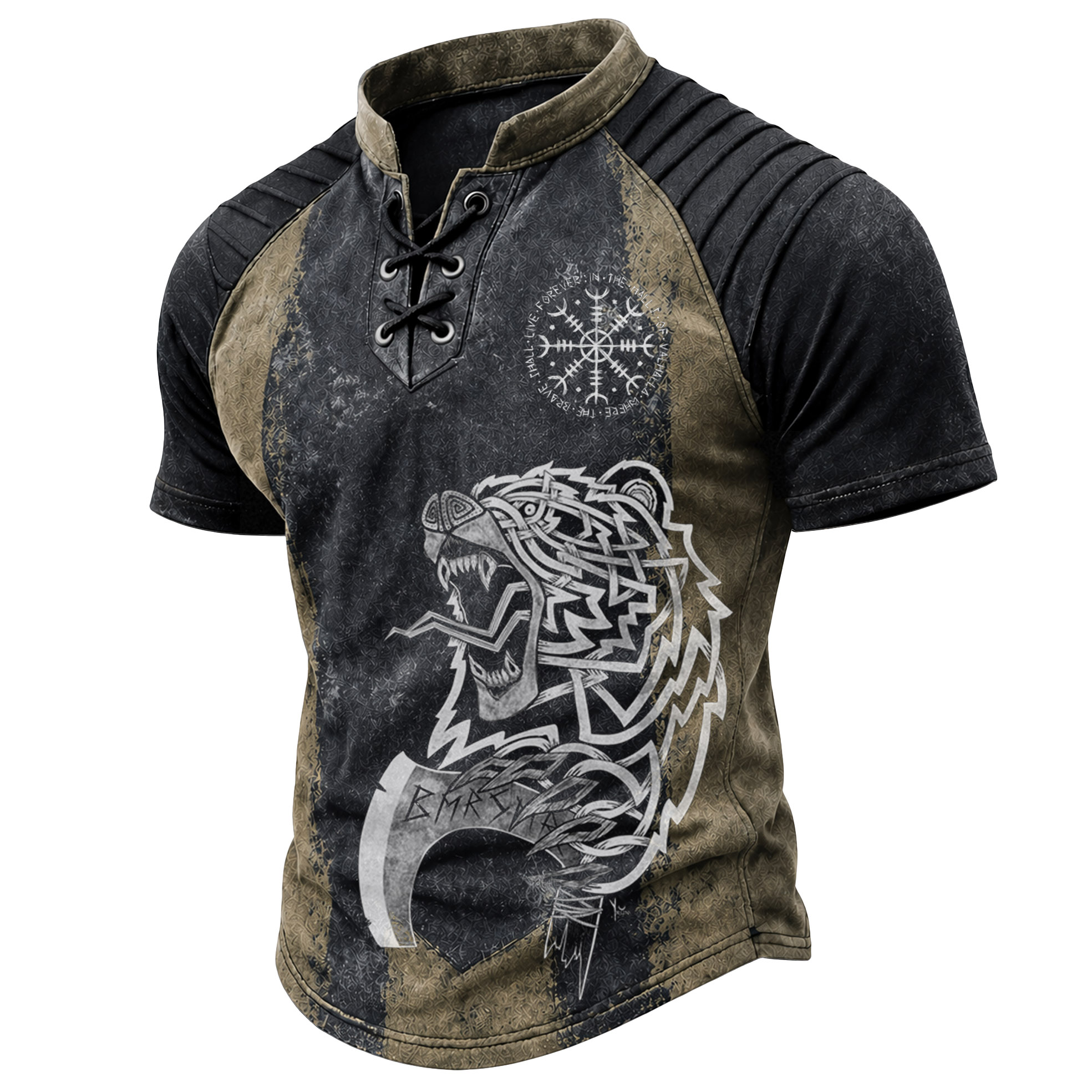Norse Rune Distressed Pleated Henley Shirt - NorseKin front view
