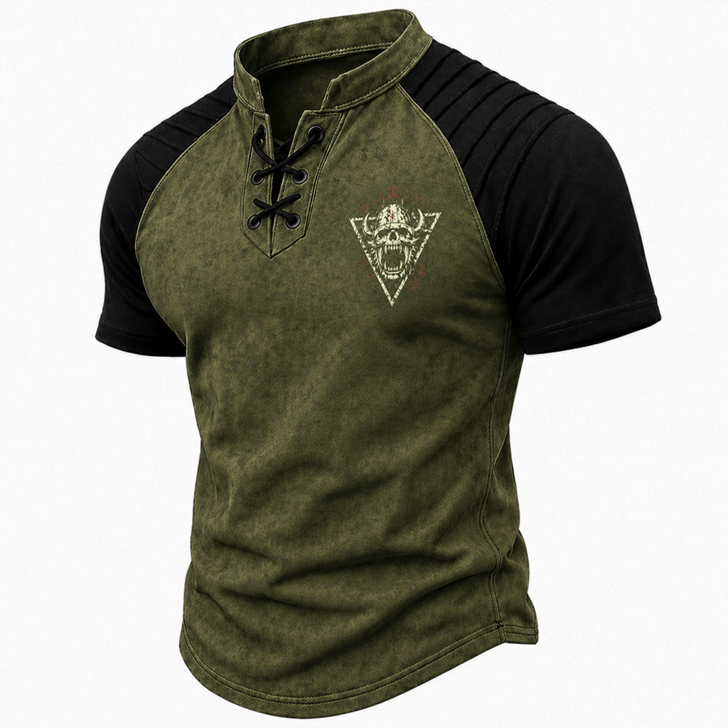 Skull Distressed Pleated Henley Shirt - NorseKin detail view 4