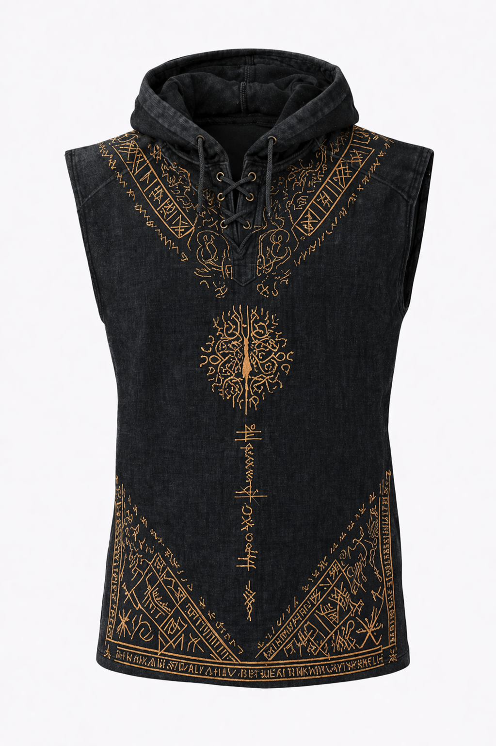 Norse Rune Textured Hooded Vest - Black - NorseKin detail view 2