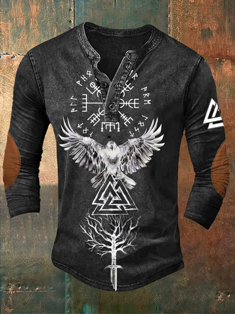 Viking Tribal Bird Graphic Long-Sleeve Henley - NorseKin front view