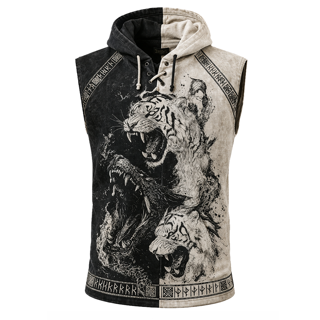 Norse Rune Textured Hooded Vest - Graphic - NorseKin front view