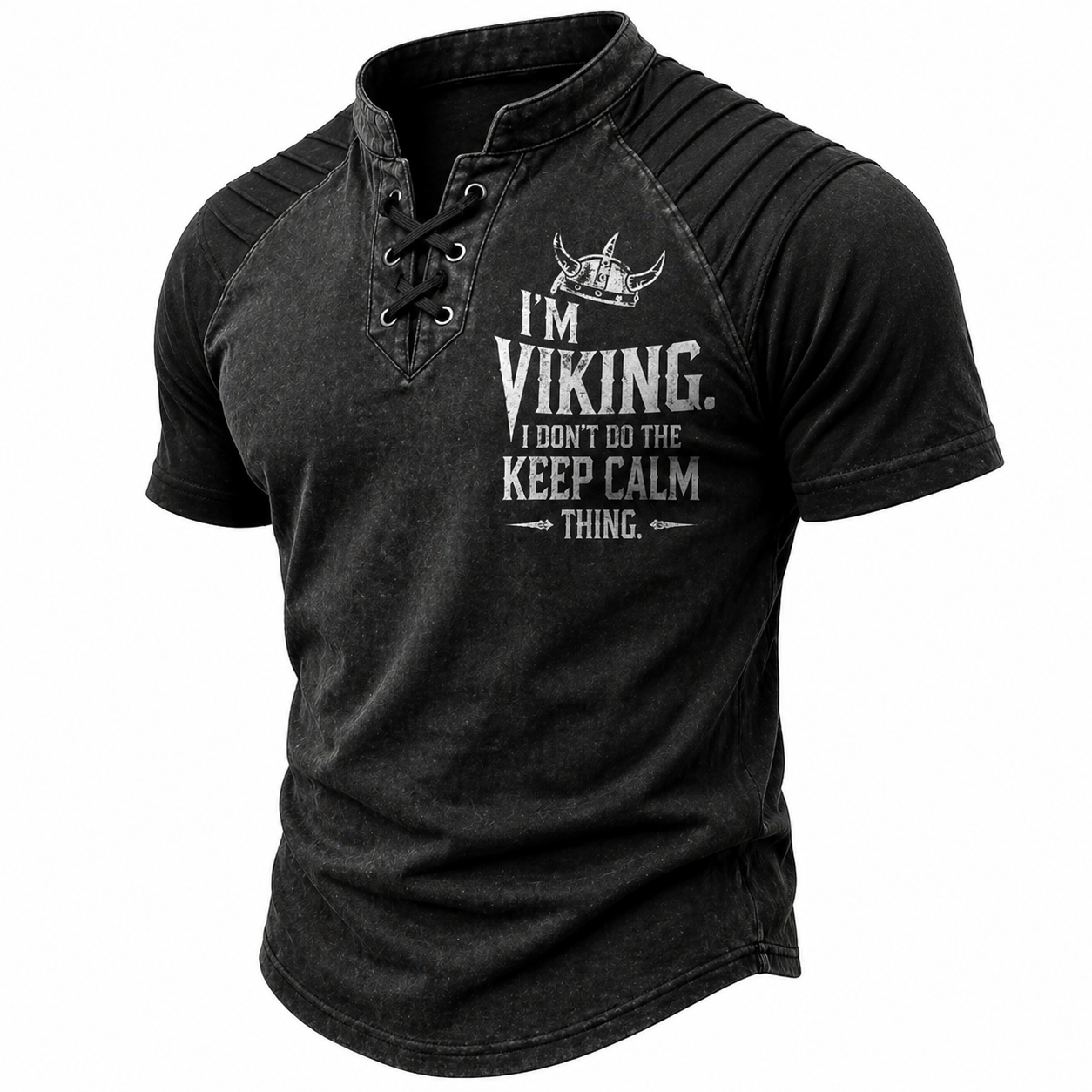 Norse Rune Washed Black Pleated Henley Shirt - NorseKin front view