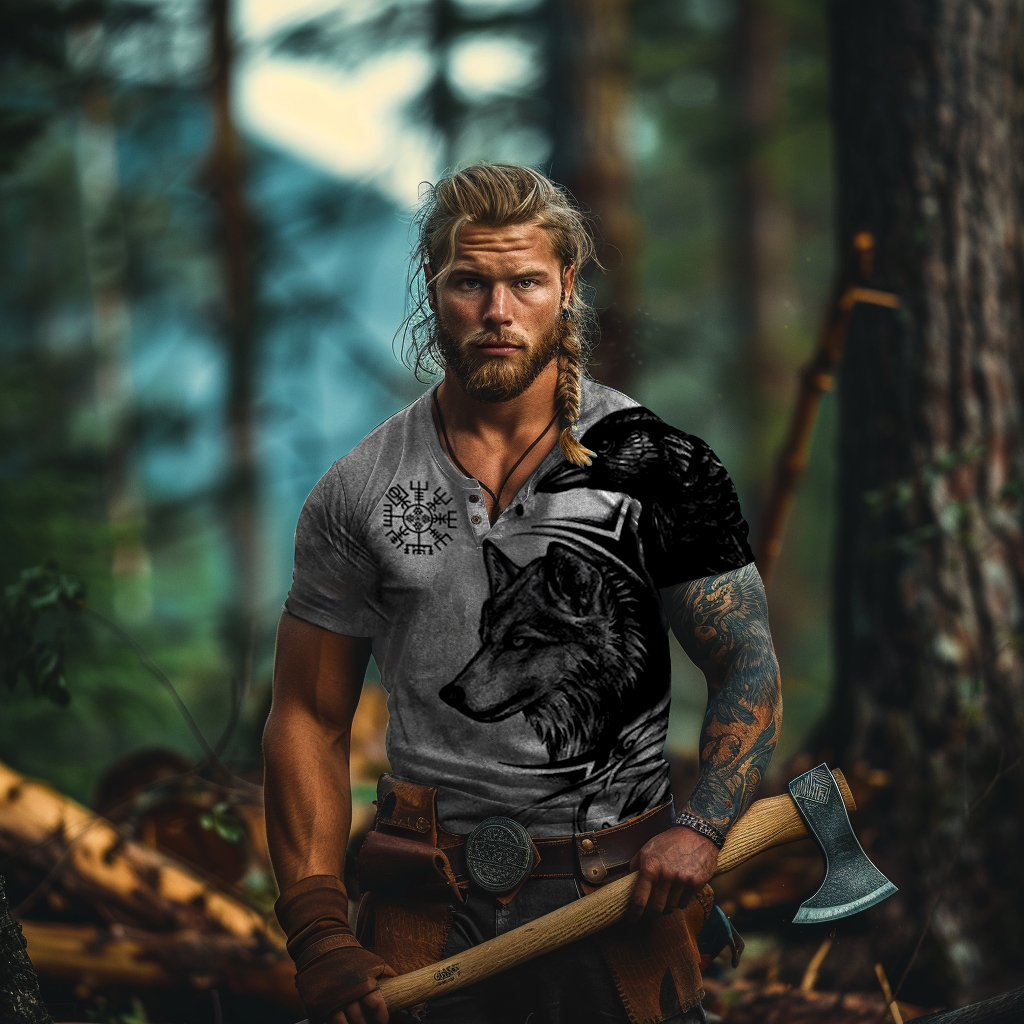 Retro Viking Wolf Graphic Henley Shirt - NorseKin detail view 3