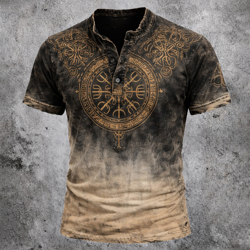 Norse Rune Distressed Henley Shirt - NorseKin front view