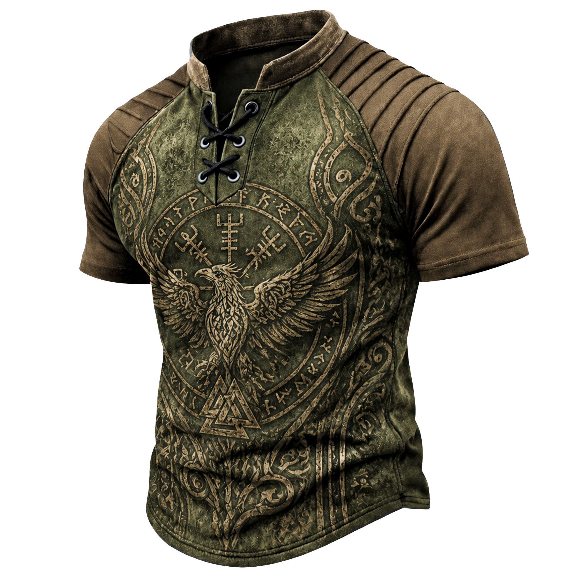 Norse Rune Pleated Henley Shirt - NorseKin front view