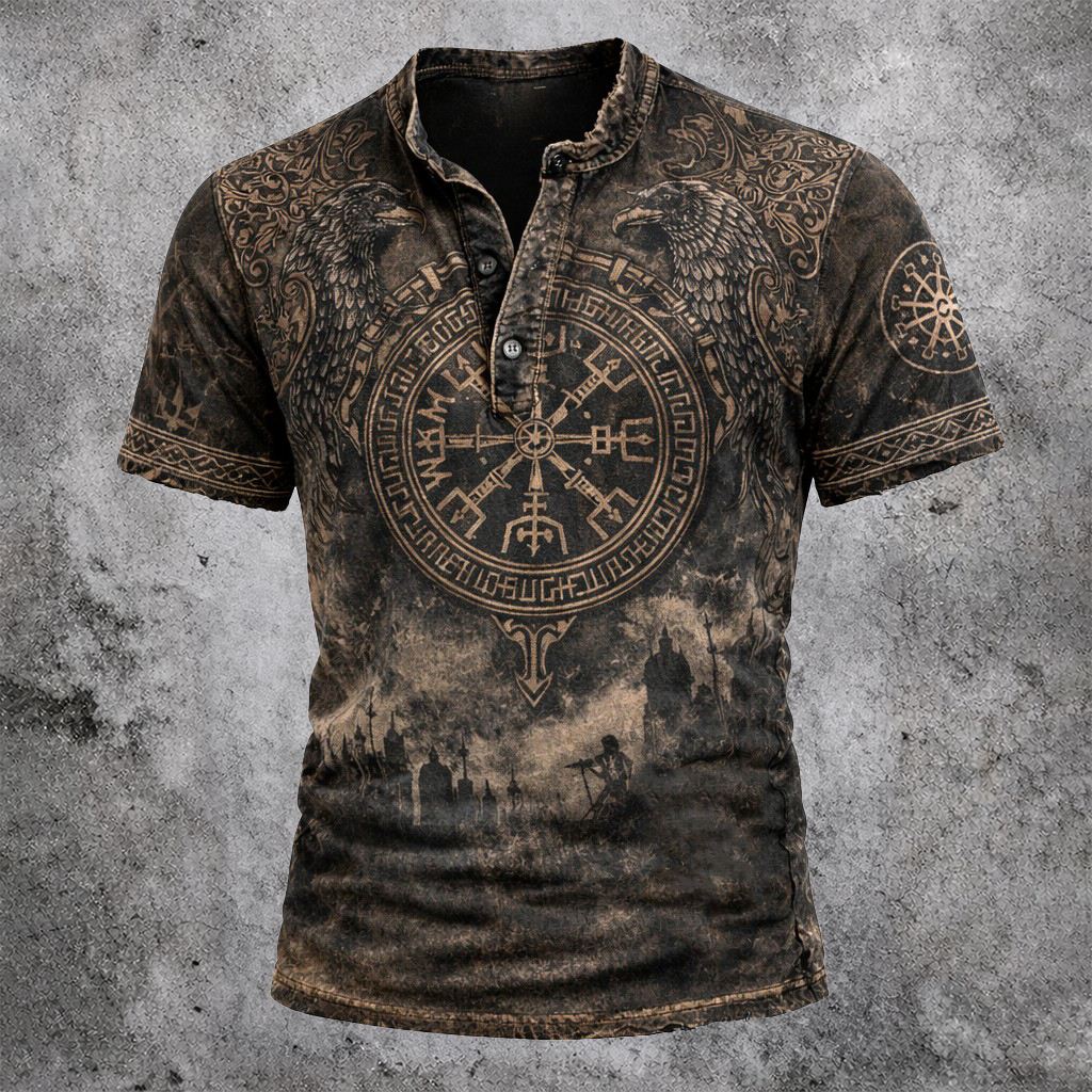 Raven Distressed Henley Shirt - NorseKin front view