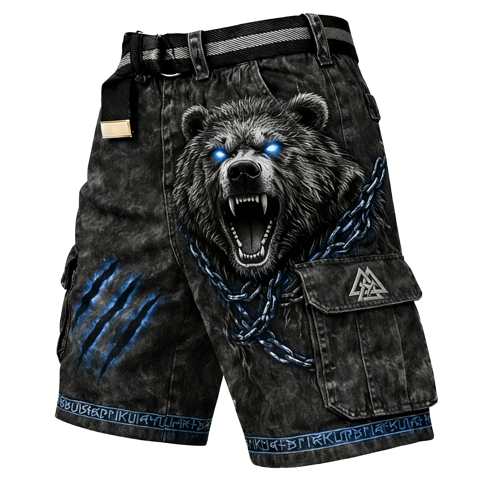 Norse Rune Washed Black Cargo Shorts - NorseKin front view