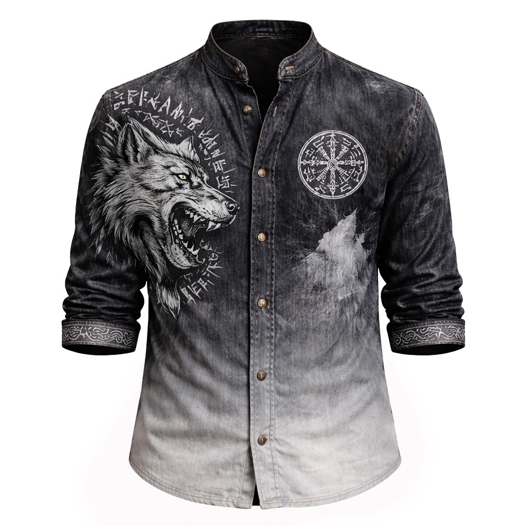 Wolf Grey Denim Henley Shirt - NorseKin front view