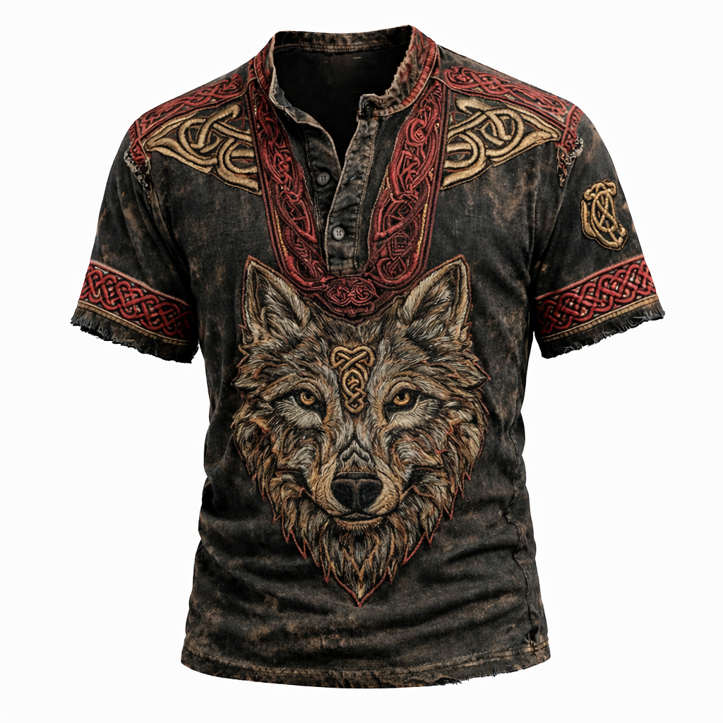 Wolf Distressed Henley Shirt - NorseKin detail view 2