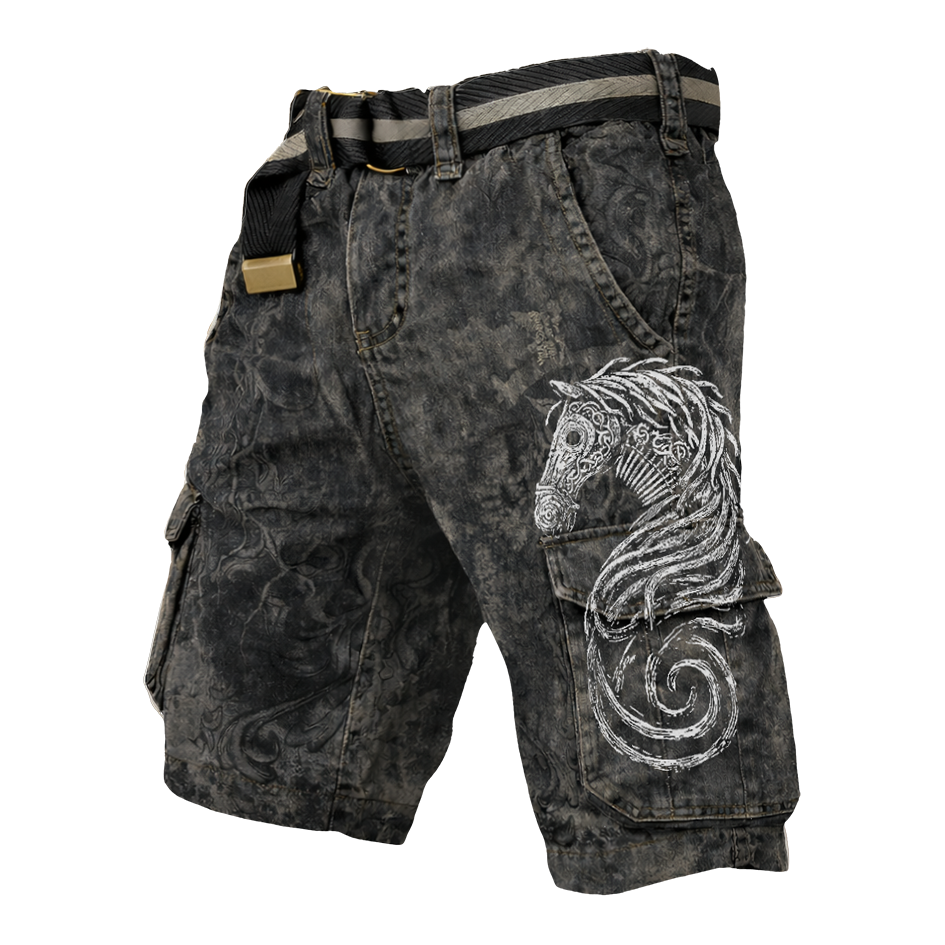 Norse Rune Washed Black Cargo Shorts - NorseKin detail view 2