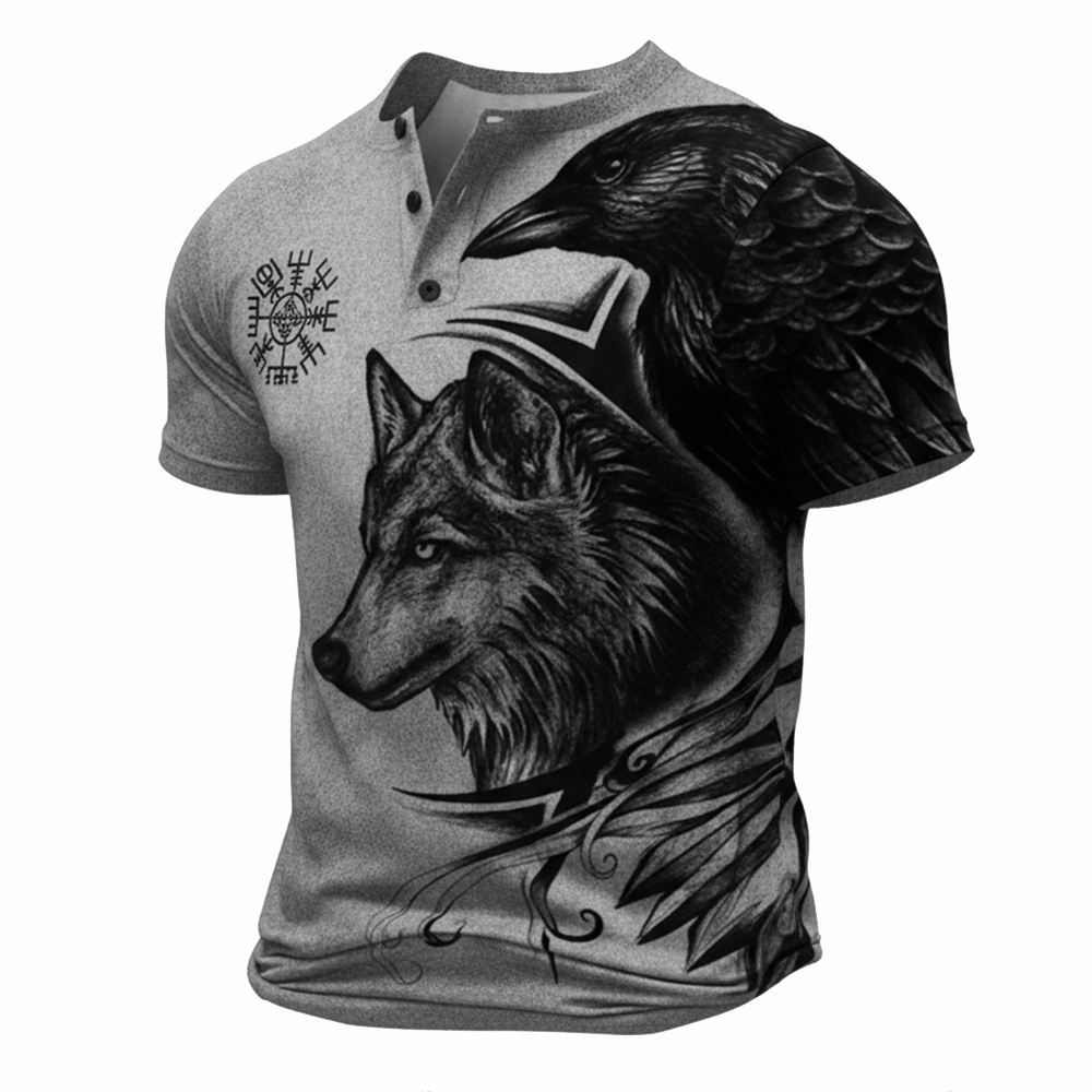 Retro Viking Wolf Graphic Henley Shirt - NorseKin detail view 5