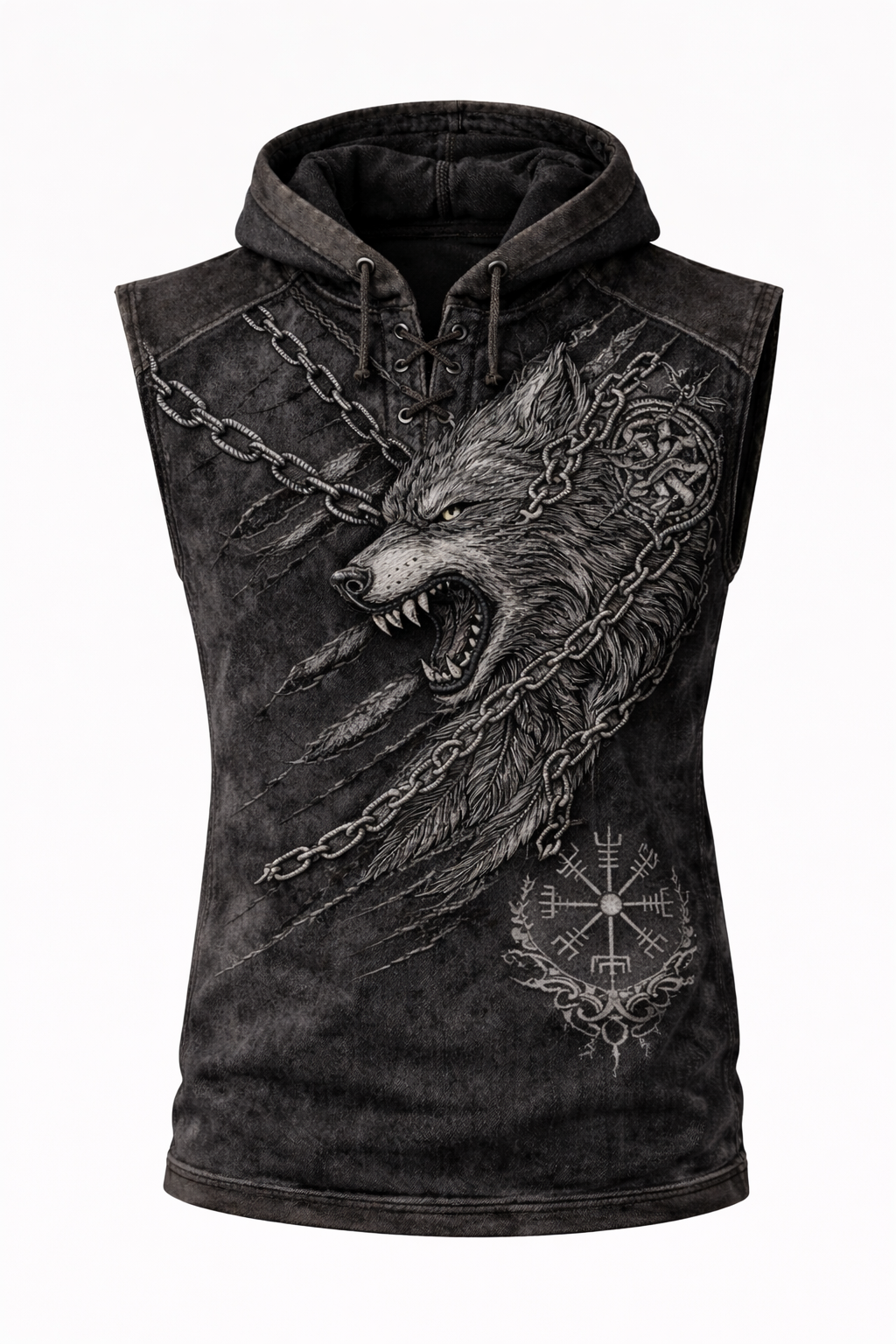 Wolf Textured Hooded Vest - Black - NorseKin detail view 2