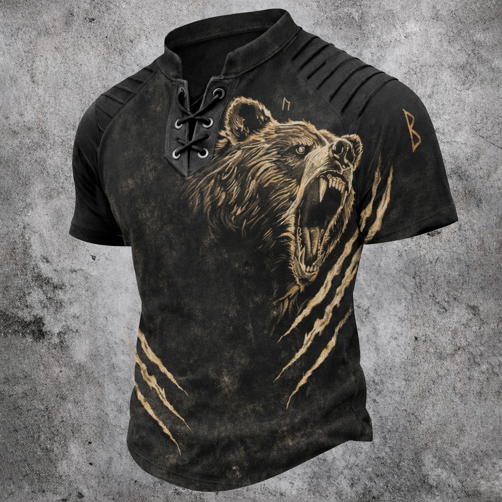 Norse Rune Black Pleated Henley Shirt - NorseKin front view
