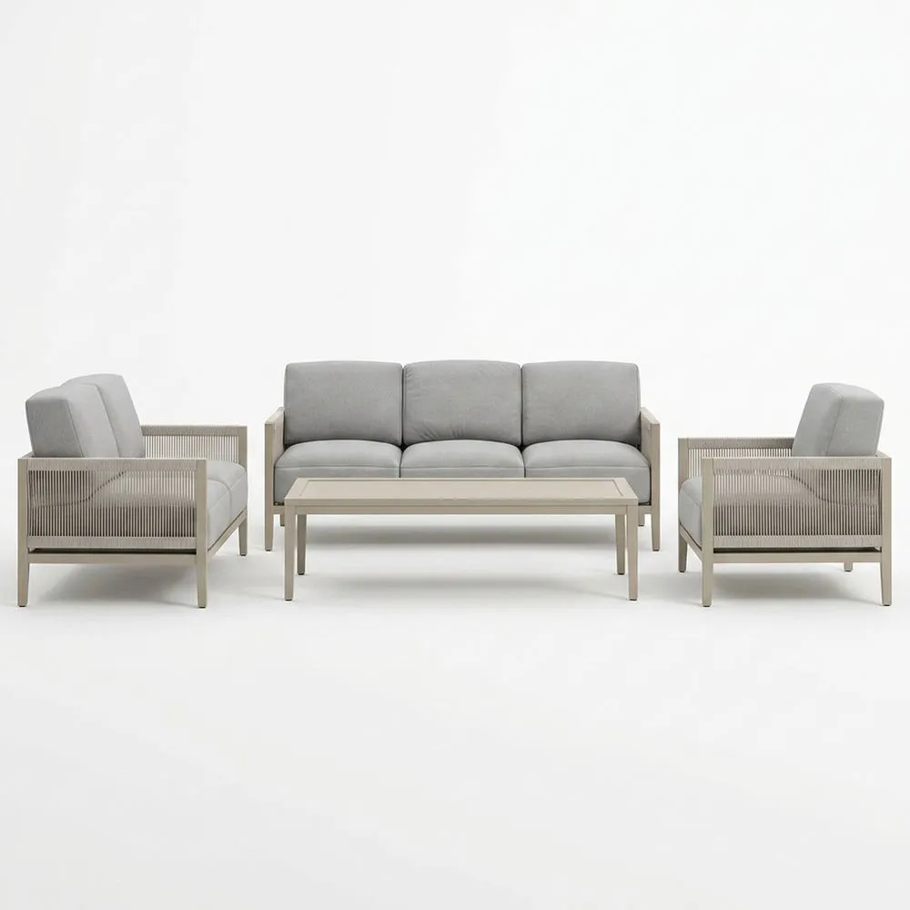 Conjunto de sofás de jardín con estructura de madera de haya y aluminio y cojines de poliéster gris