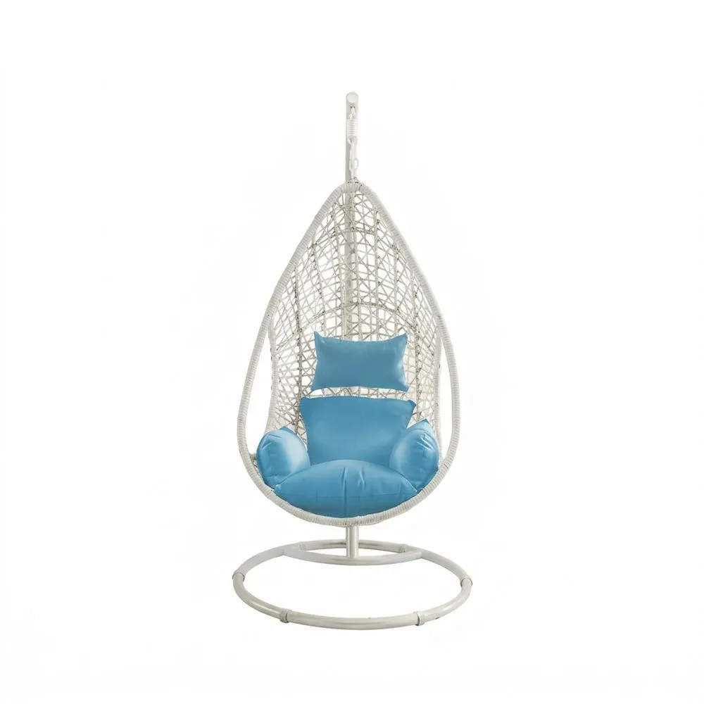Silla colgante de ratán sintético con cojín de asiento de fibra de poliéster azul