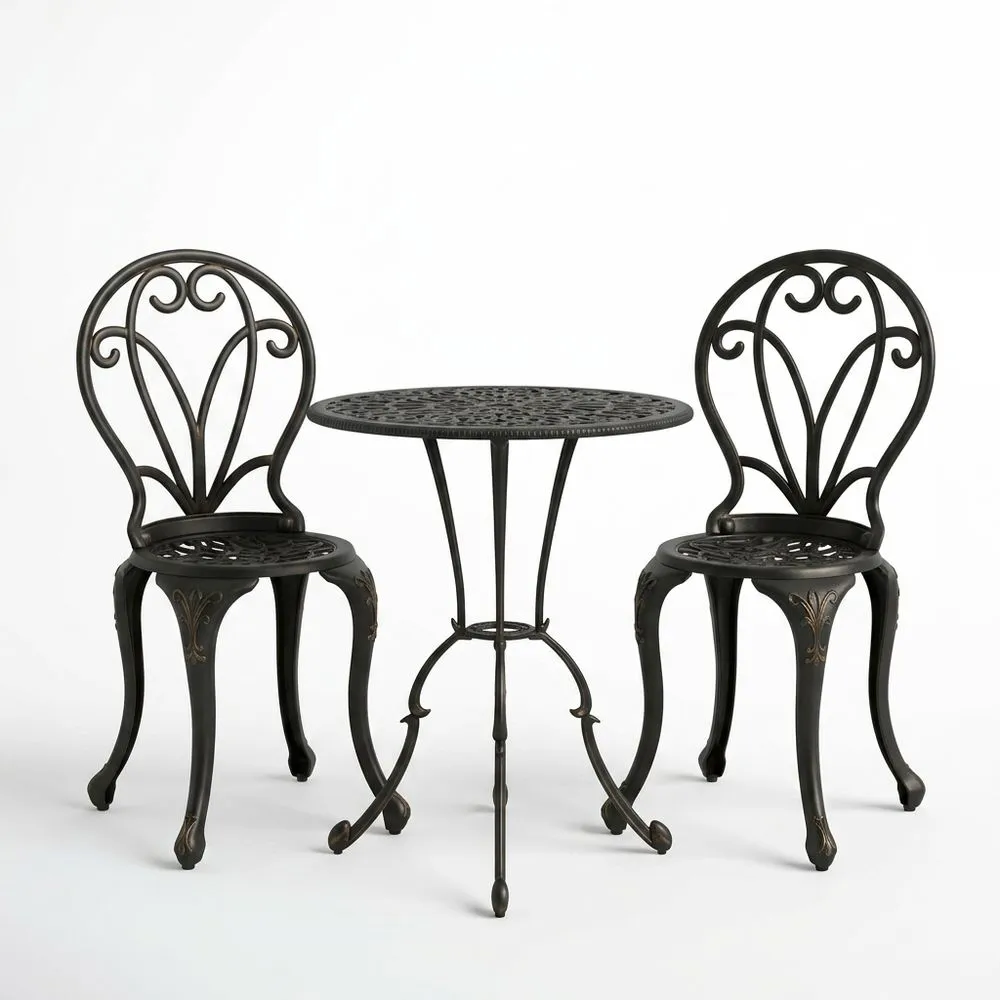 Conjunto de jardín de aluminio negro con mesa redonda y sillas