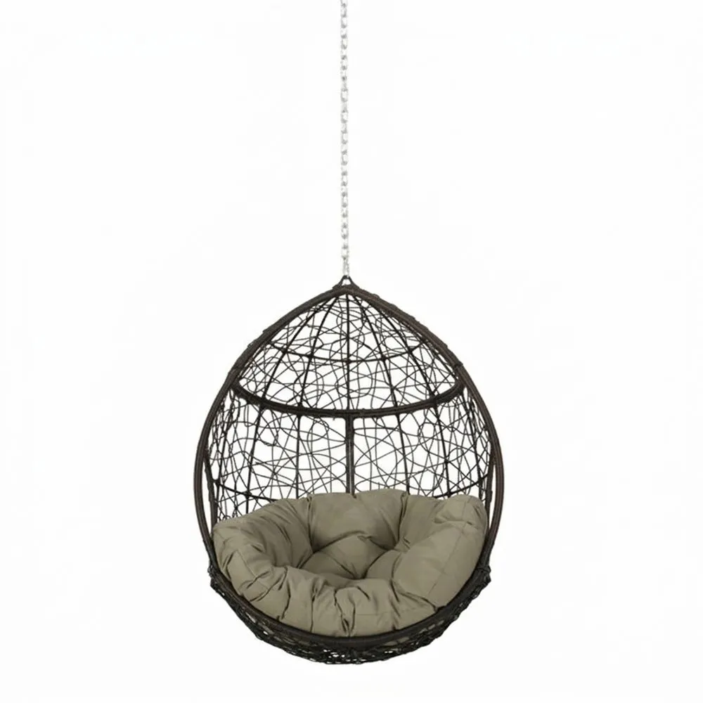 Silla colgante de ratán sintético marrón con cojín de asiento de fibra de poliéster beige
