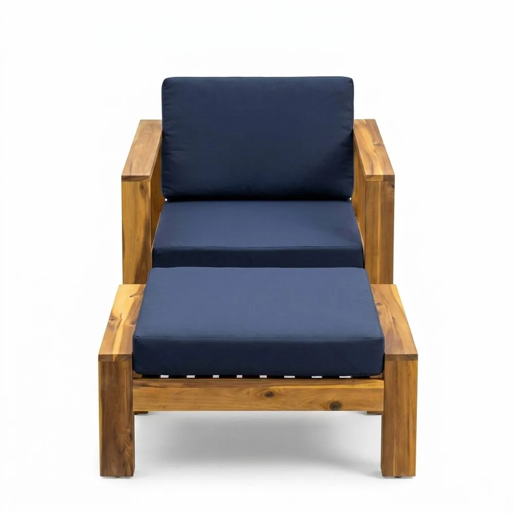 Sillón con Reposapiés de Madera de Acacia y Cojines Azul