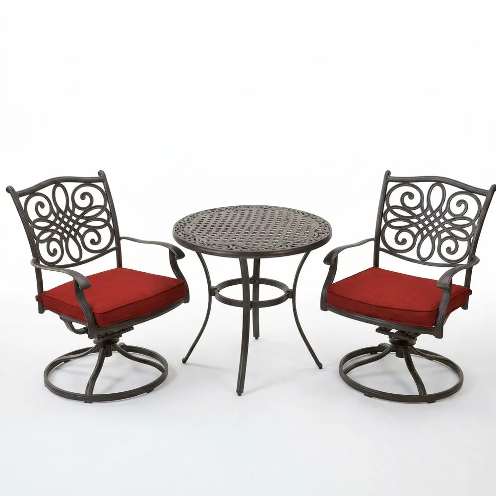 Conjunto de muebles de jardín de hierro fundido con mesa redonda y cojines de poliéster rojo