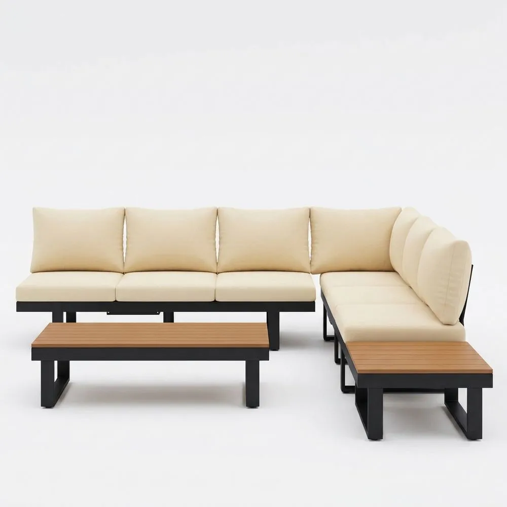 Sofá esquinero de aluminio color beige con cojines de poliéster y mesa auxiliar de roble