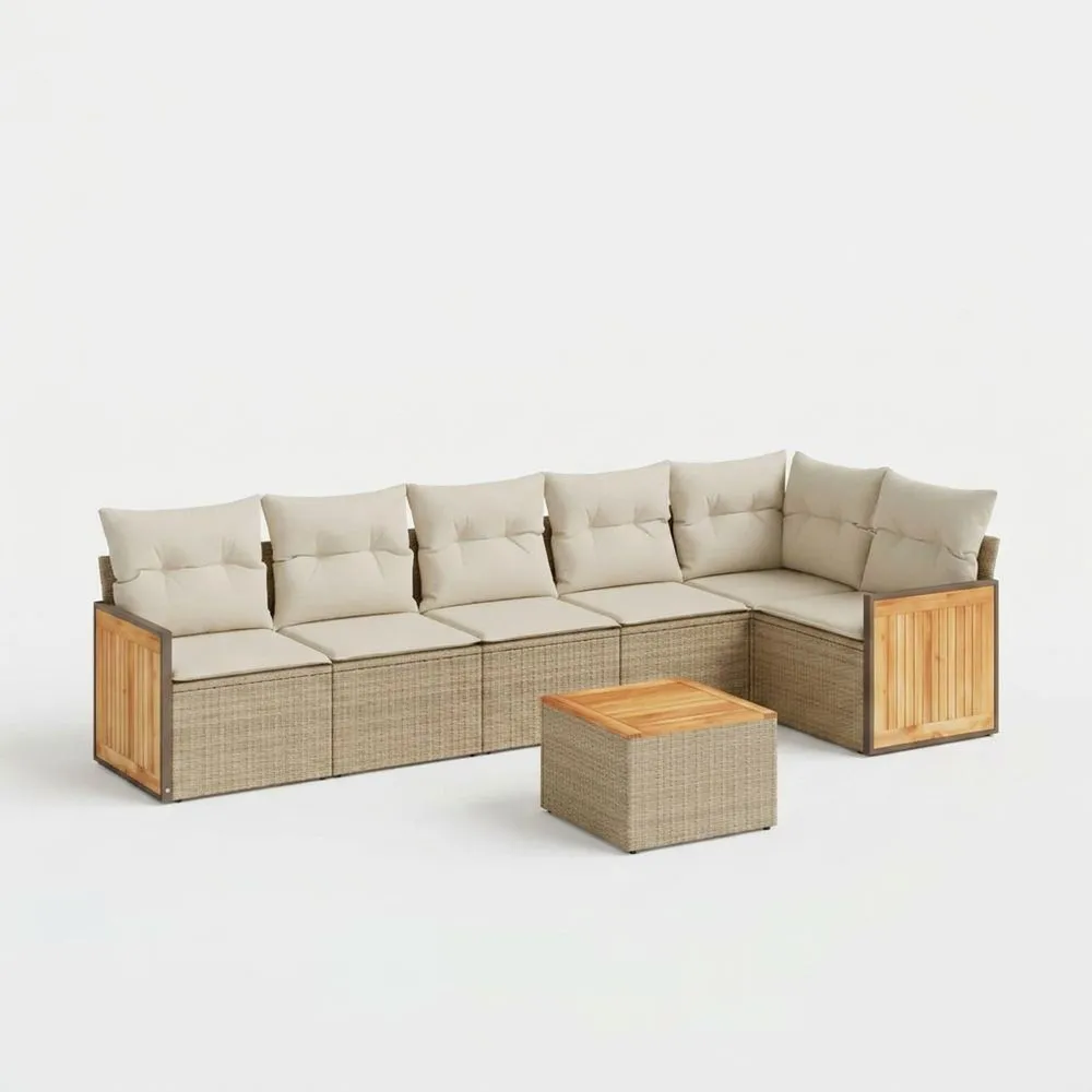 Sofá modular en forma de L de ratán sintético con cojines beige y estructura de madera de acacia