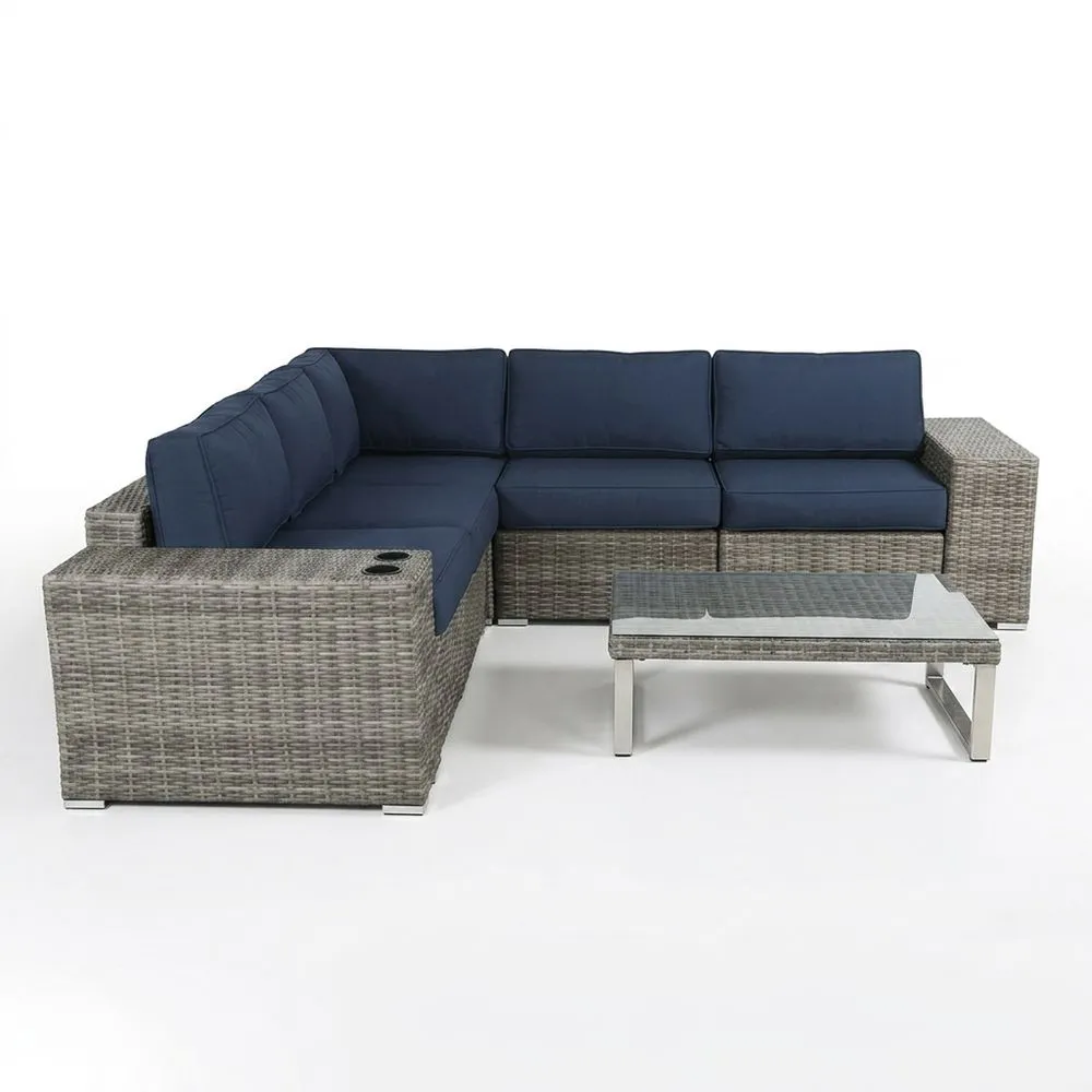 Conjunto de Sofá Esquinero de Ratán con Cojines de Poliéster Azul y Mesa de Centro de Vidrio Templado