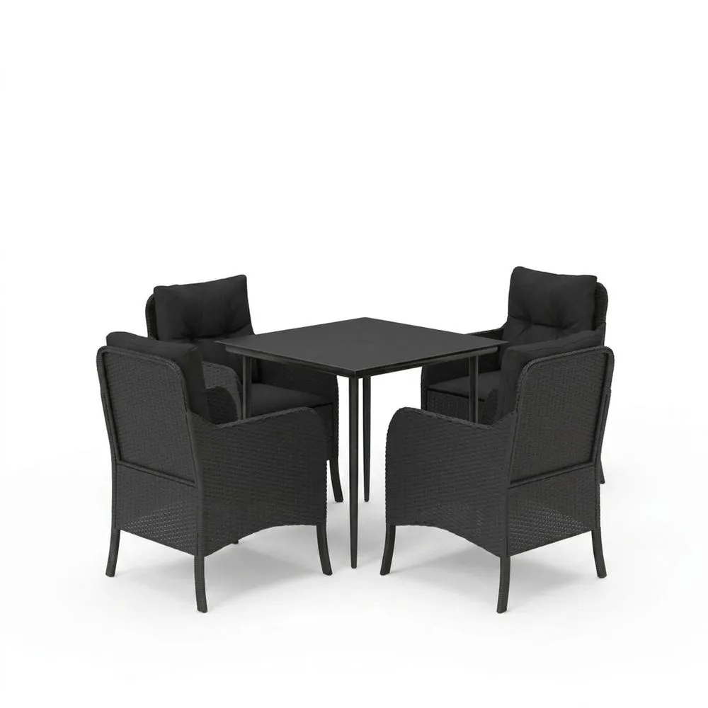 Juego de comedor exterior acero y ratán sintético negro con 4 sillas