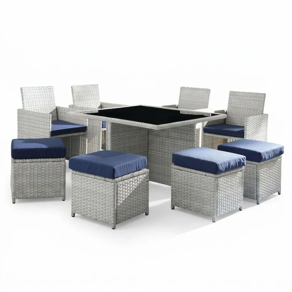 Conjunto de muebles de jardín ratán sintético gris 10 piezas con cojines azul