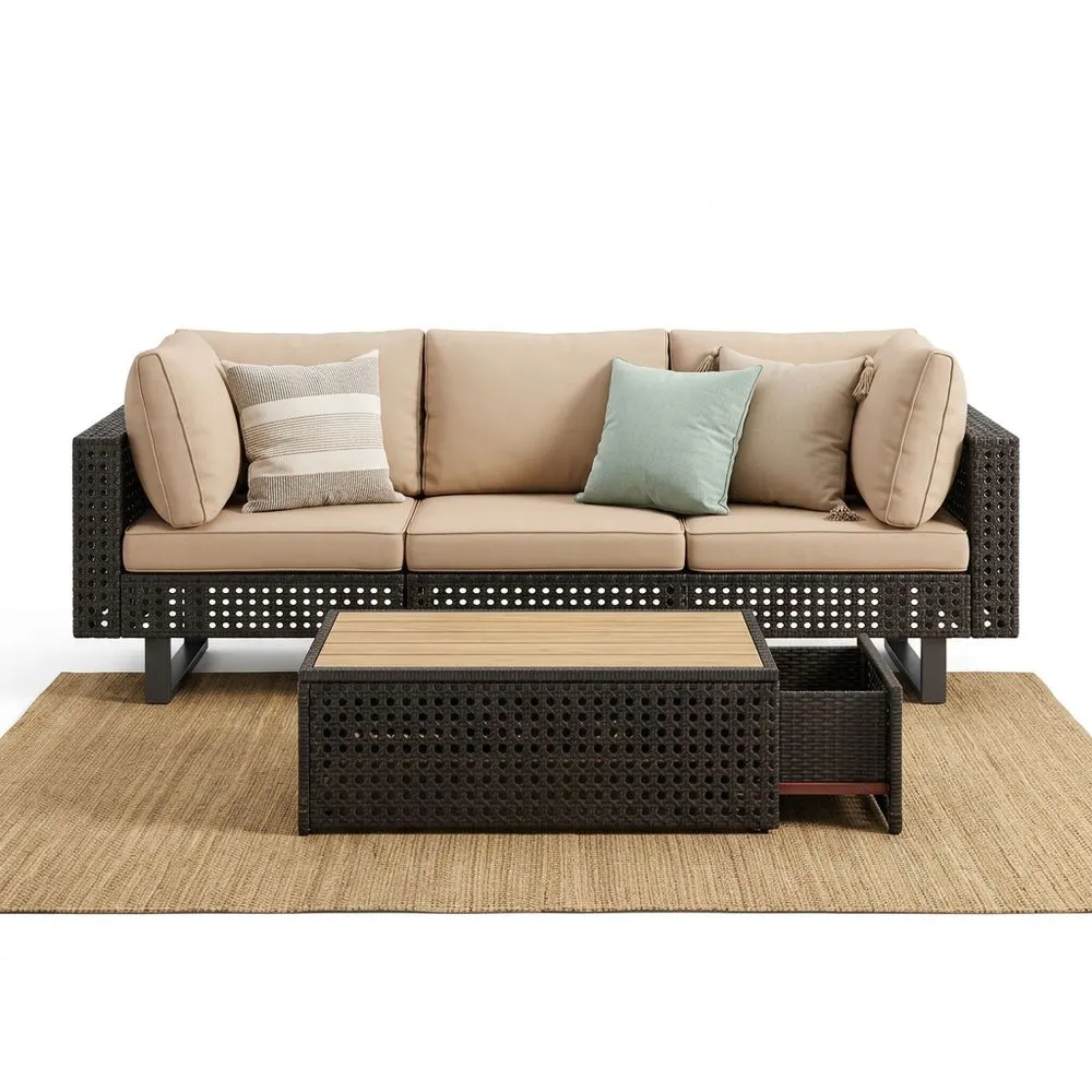 Sofá exterior ratán sintético cojines 200cm mesa centro 100cm