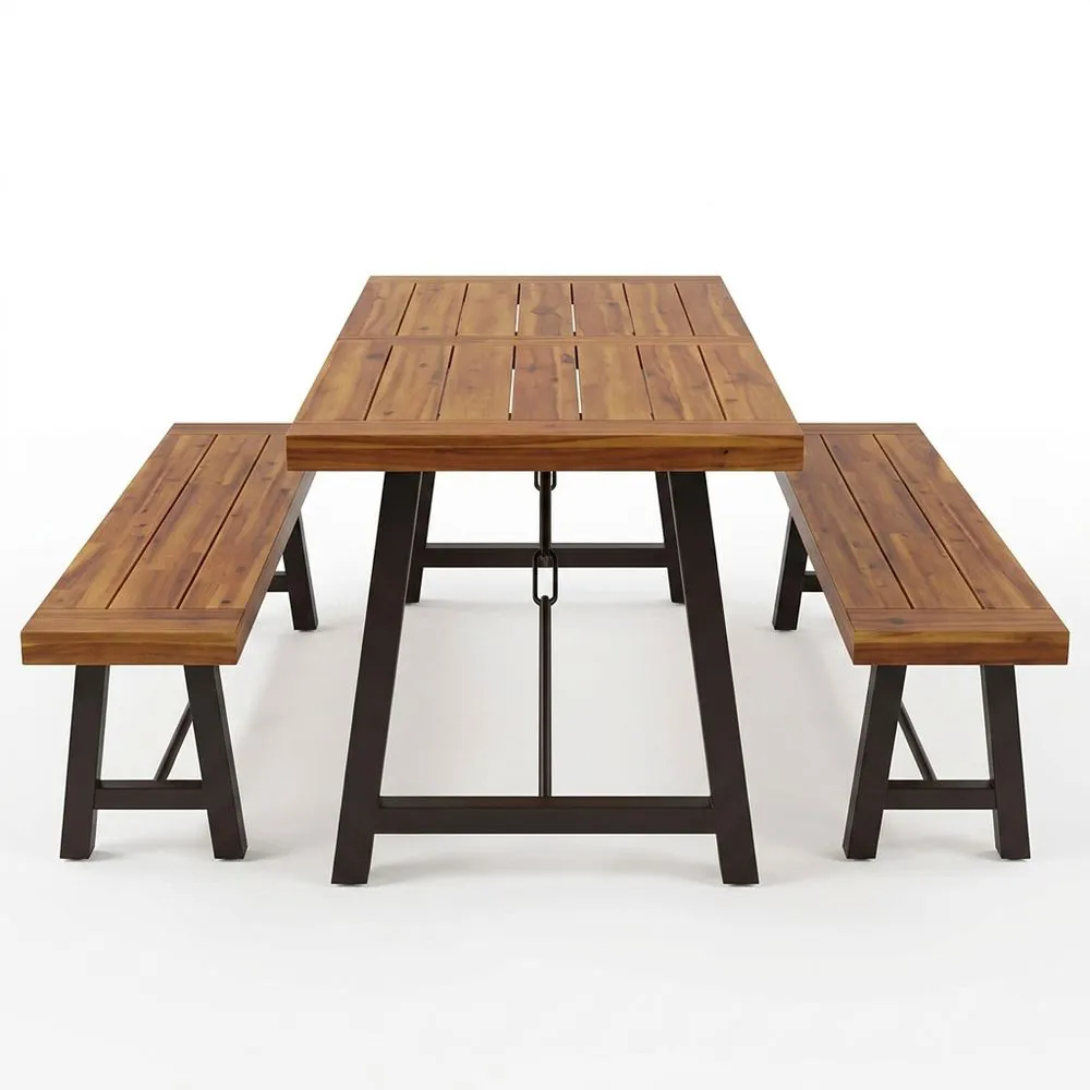 Conjunto de mesa y bancos de madera de acacia y acero marrón
