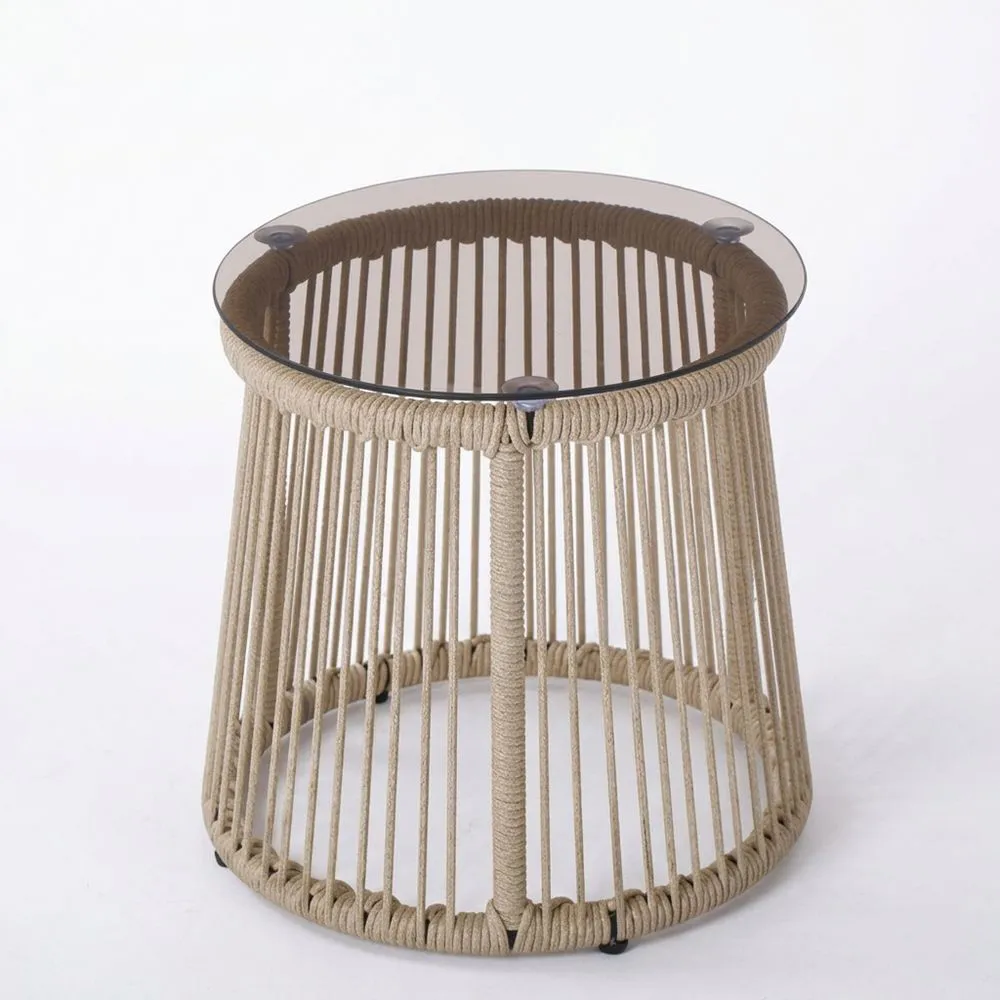 Mesa Redonda de Vidrio Templado y Cuerda Beige
