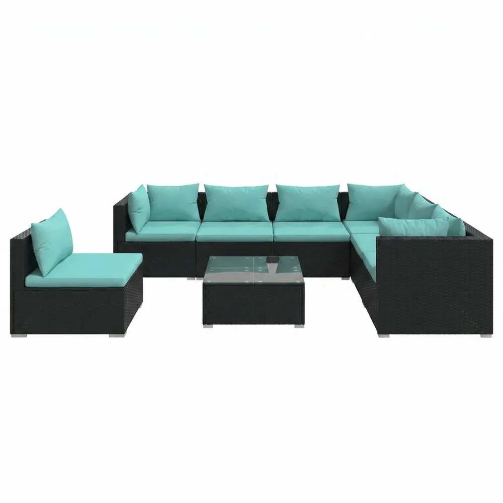 Conjunto de Sofás Seccional de Ratán PE Azul Turquesa con Mesa de Vidrio Templado