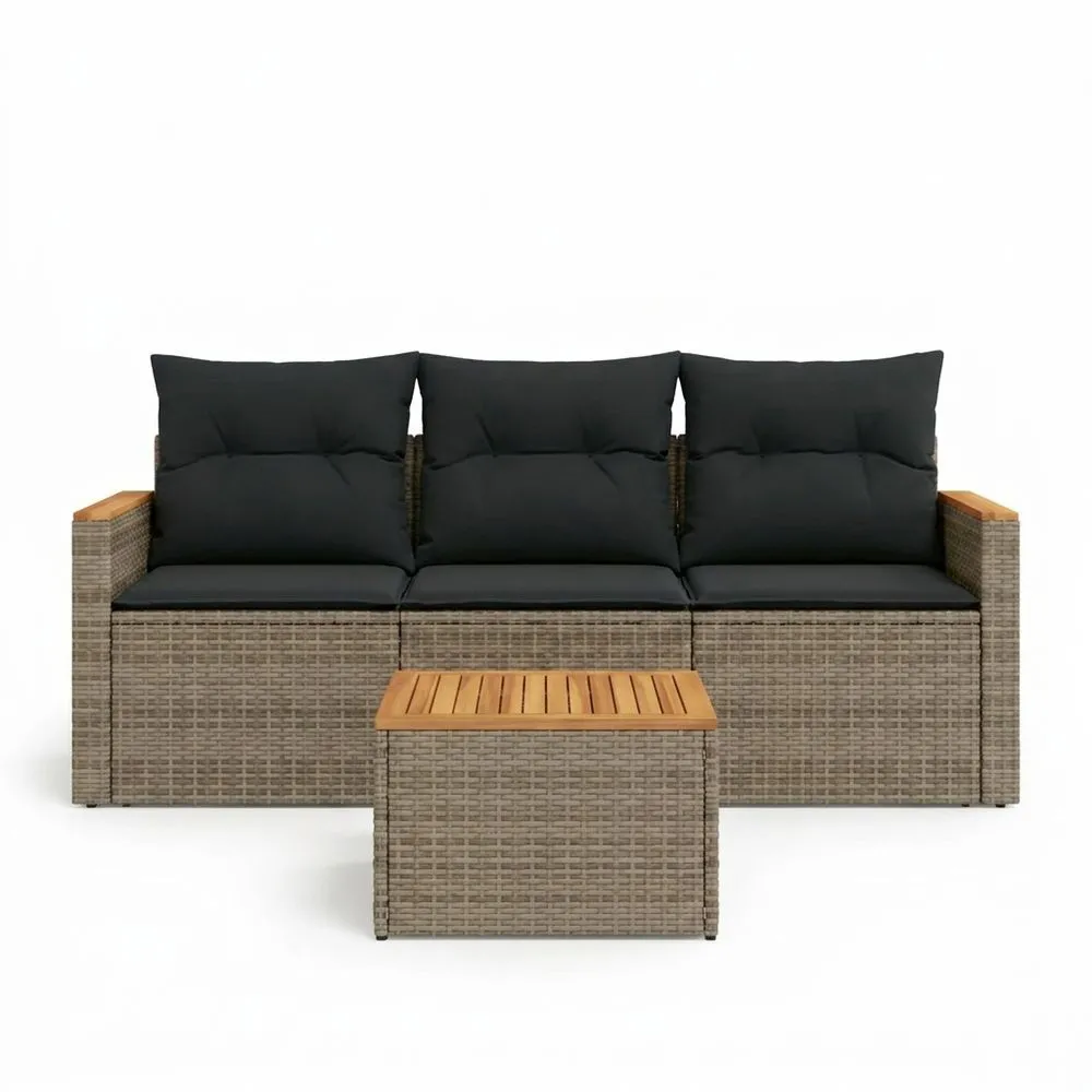 Sofá de exterior de 3 plazas de ratán sintético marrón/negro y mesa de centro de roble