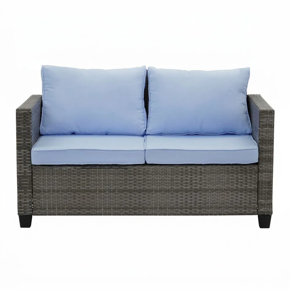 Sofá de Ratán Sintético para Exterior con Cojines Azules 2 Plazas