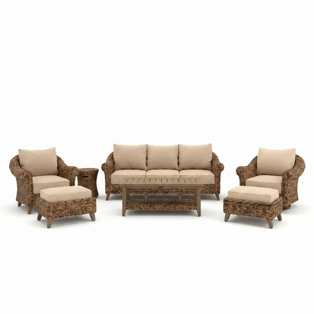 Conjunto de muebles de exterior con cinta de ratán artificial y cojín de poliéster beige