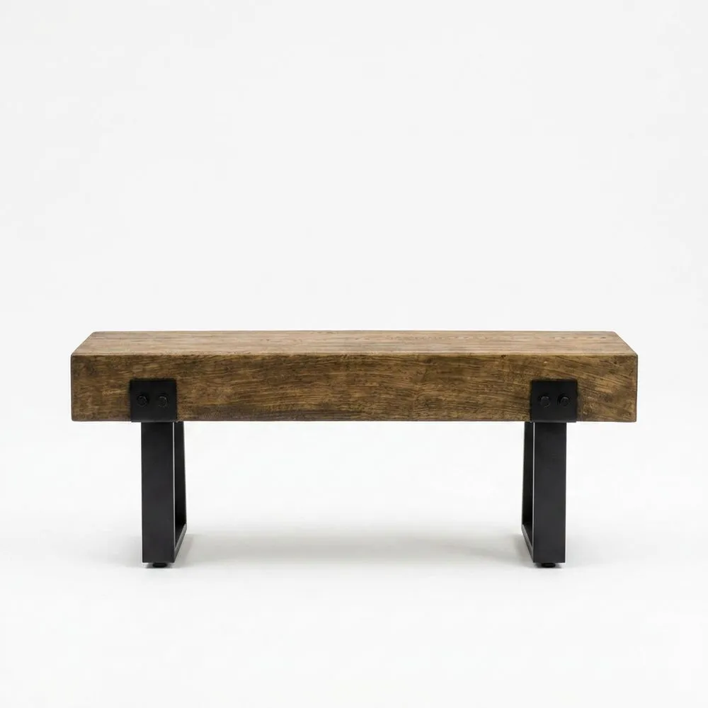 Banco de roble macizo con patas de acero pintadas de negro 120x40x45 cm