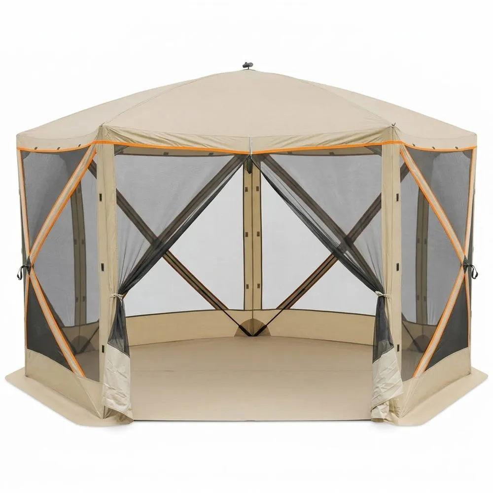 Tienda de campaña hexagonal de poliéster beige con malla