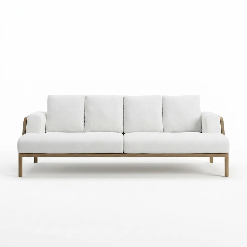 Sofá de tres plazas de poliéster blanco con estructura de madera maciza, 220 cm de altura