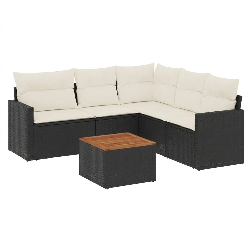 Conjunto de sofá esquinero de ratán para exteriores, cojines negros y beige, mesa de madera de acacia, 195 cm