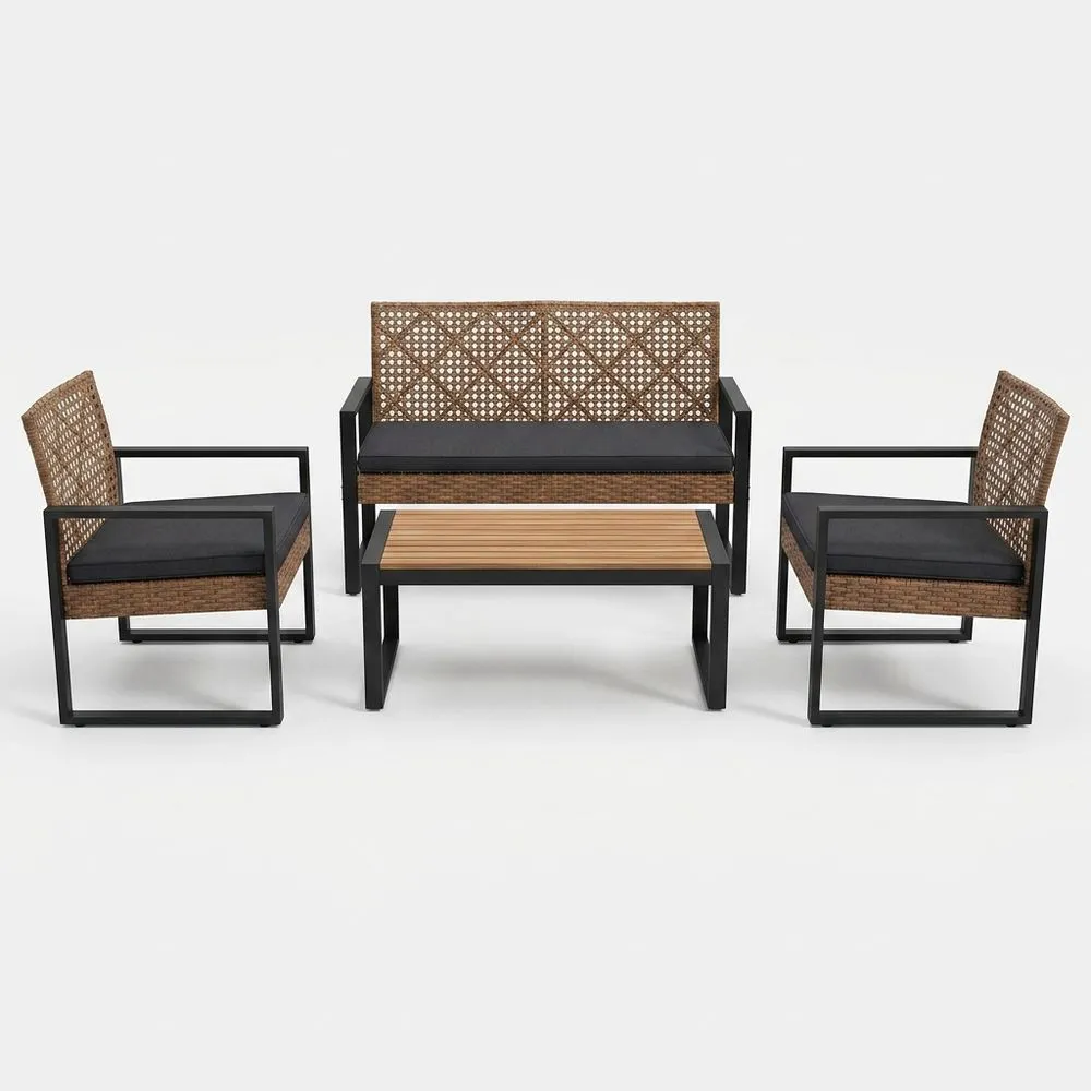 Conjunto de Muebles de Jardín de Aluminio y Ratán Negro