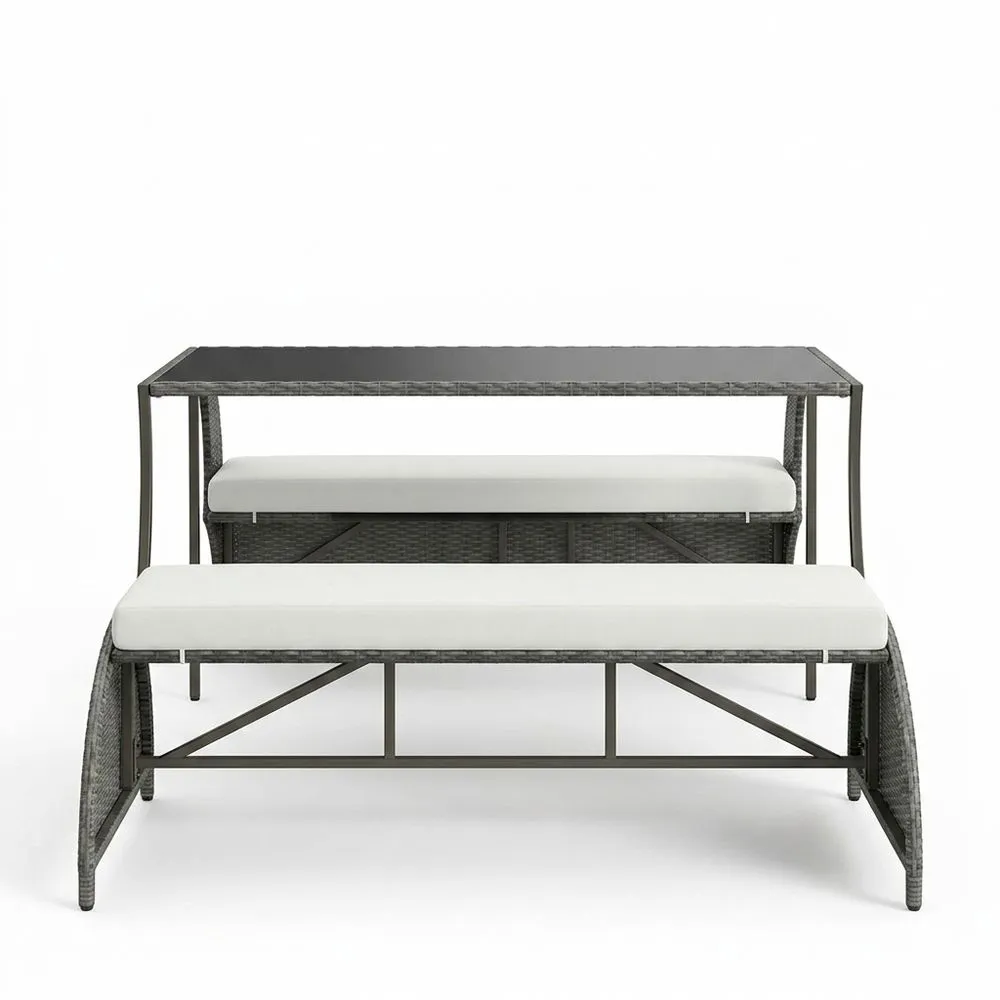 Conjunto de Mesa y Bancos de Ratán Sintético con Cojines de Poliéster
