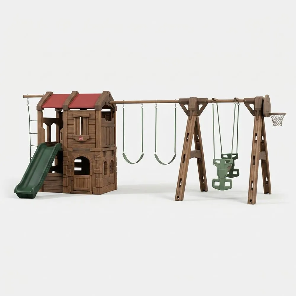 Juego infantil de roble con tobogán verde y canasta de baloncesto