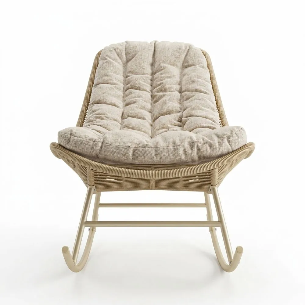 Silla Mecedora de Ratán Sintético con Cojín de Poliéster Beige