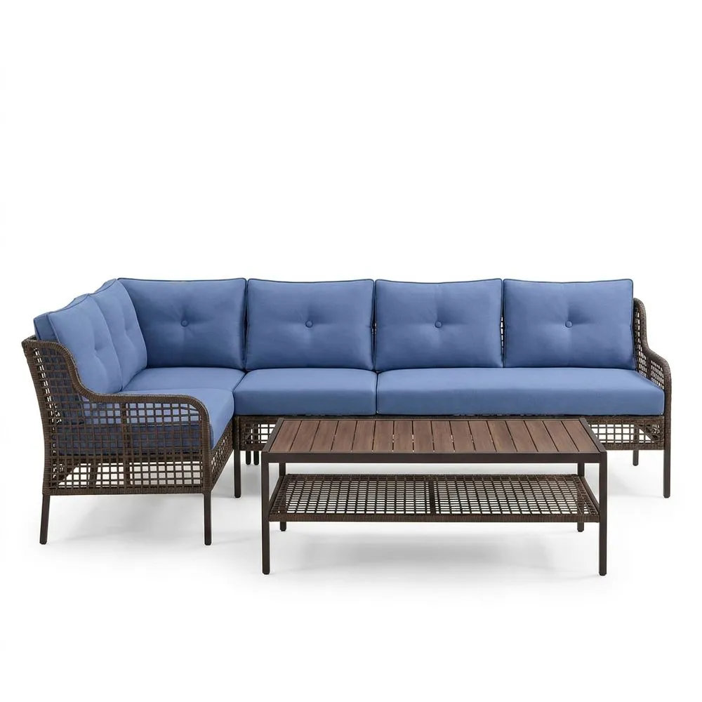 Conjunto de Sofá Seccional de Ratán Sintético Azul y Mesa de Centro