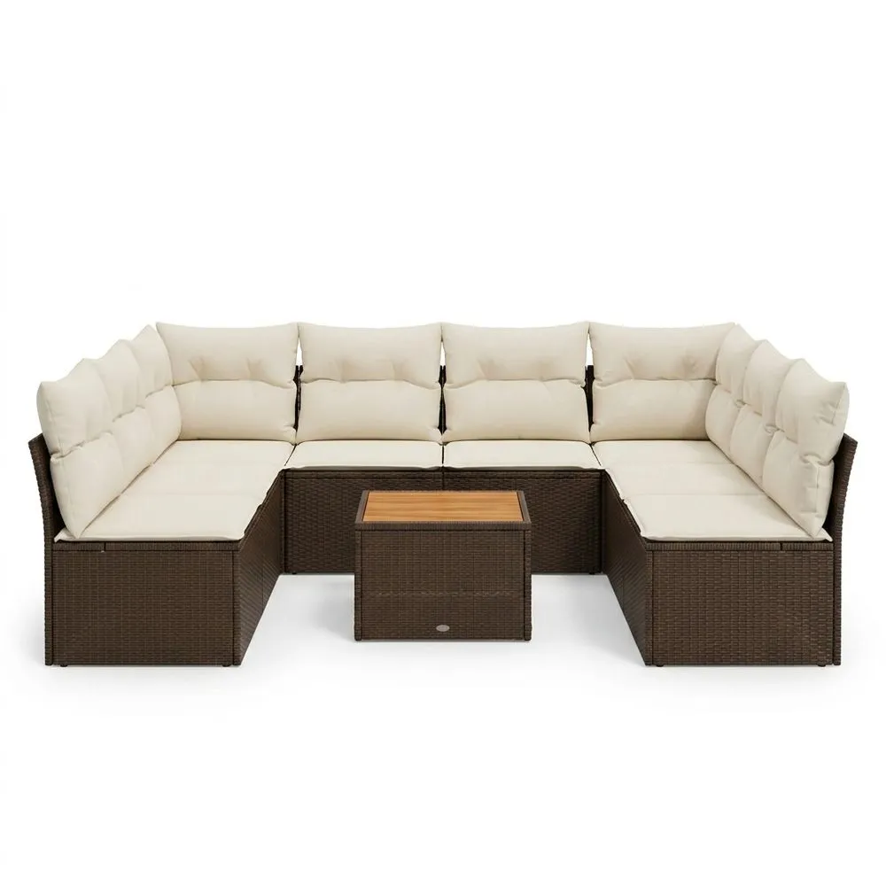 Conjunto Sofá Seccional de Ratán Sintético Marrón con Cojines Beige y Mesa Central para Exterior